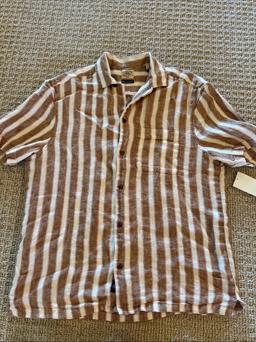 Men’s NWT Faherty Short-Sleeve Palma Linen Camp Shirt Sienna Valley Stripe sz S